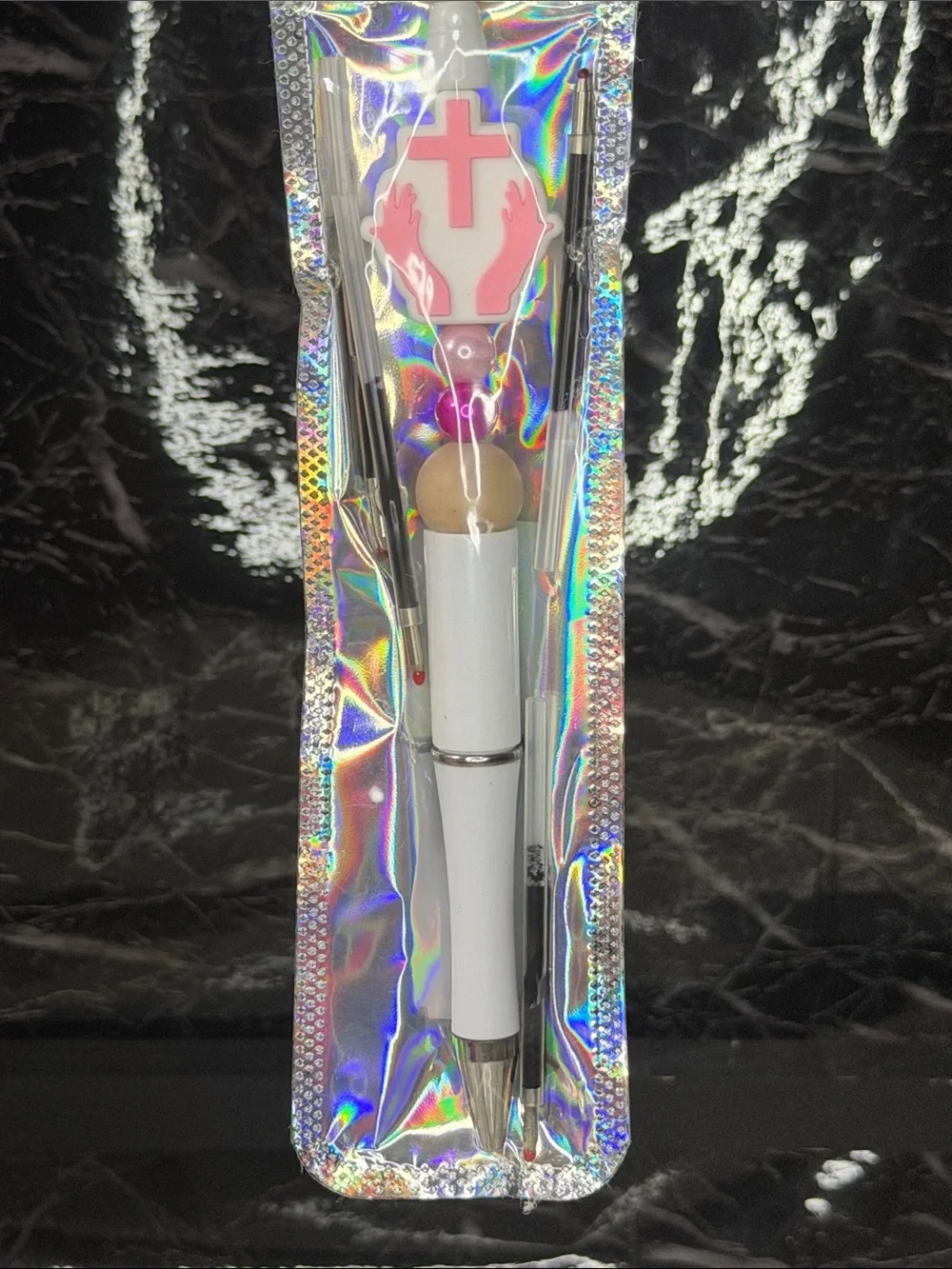 Pink Cross Focal Bead Pen  Black and blue ink